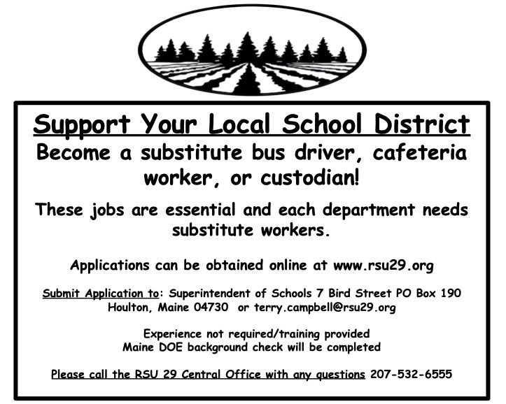 Sub bus drivers, cafeteria workers, and custodians needed